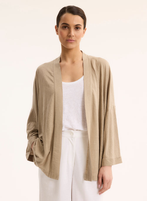 Gilet Beige Col Profond Manches Longues en Lin / Elasthanne - MAJESTIC FILATURES