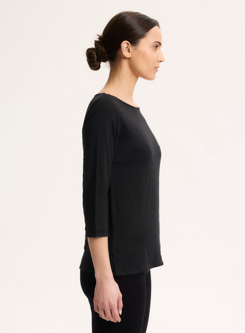 Schwarzes T-Shirt mit 3/4-Ärmeln und Bootsausschnitt aus Leinen - MAJESTIC FILATURES