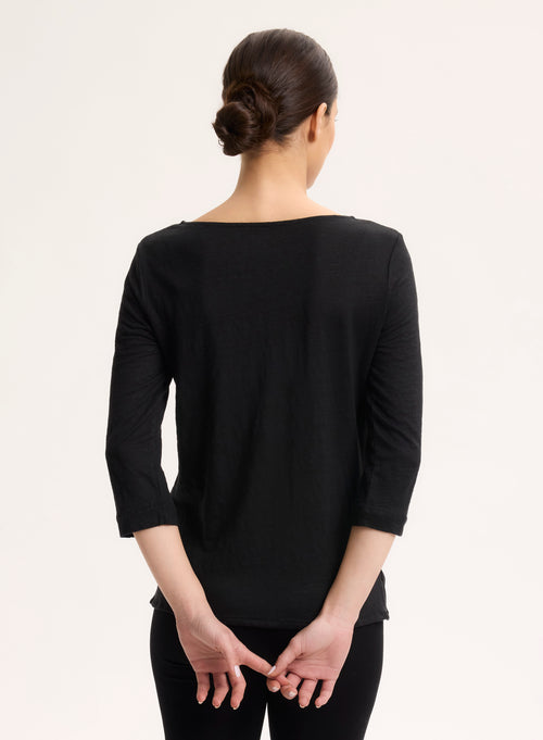 Schwarzes T-Shirt mit 3/4-Ärmeln und Bootsausschnitt aus Leinen - MAJESTIC FILATURES