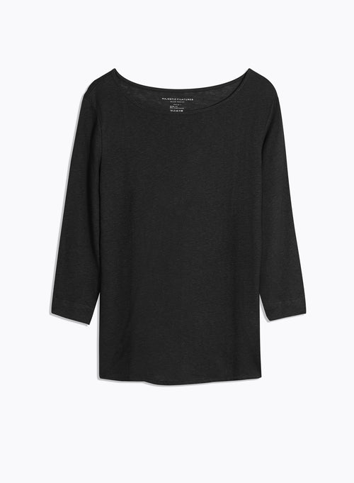 Schwarzes T-Shirt mit 3/4-Ärmeln und Bootsausschnitt aus Leinen - MAJESTIC FILATURES