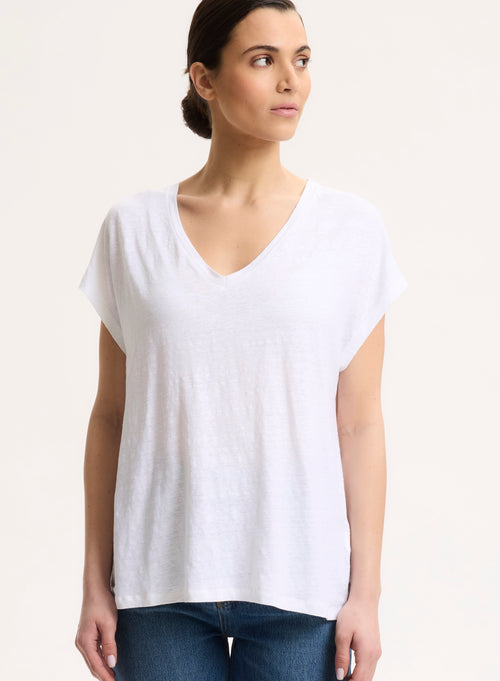 T-shirt Blanc Col V Manches Courtes en Lin / Elasthanne - MAJESTIC FILATURES