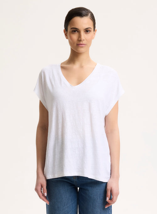 T-shirt Blanc Col V Manches Courtes en Lin / Elasthanne - MAJESTIC FILATURES