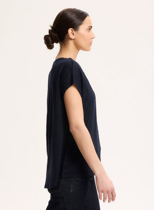 Marine T-Shirt mit V-Ausschnitt Kurzarm aus Leinen - MAJESTIC FILATURES