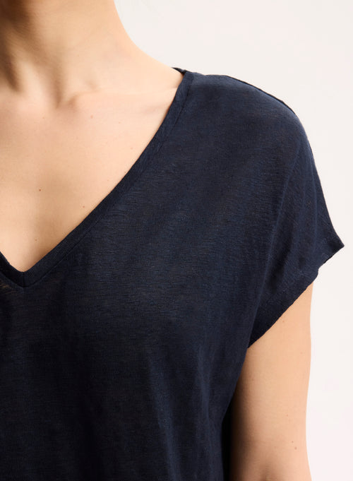 Marine T-Shirt mit V-Ausschnitt Kurzarm aus Leinen - MAJESTIC FILATURES