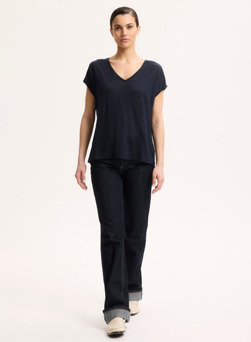 Marine T-Shirt mit V-Ausschnitt Kurzarm aus Leinen - MAJESTIC FILATURES