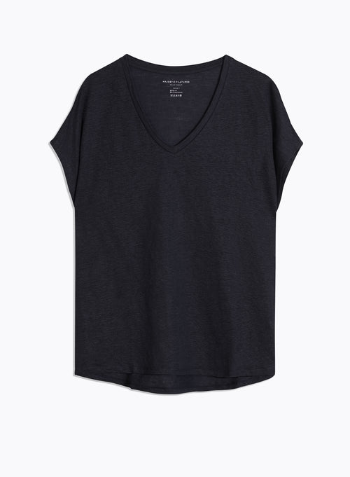 Marine T-Shirt mit V-Ausschnitt Kurzarm aus Leinen - MAJESTIC FILATURES