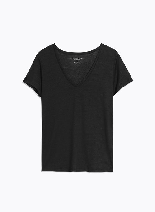 Schwarzes T-Shirt mit kurzen Ärmeln und V-Ausschnitt aus Leinen und Elasthan - MAJESTIC FILATURES