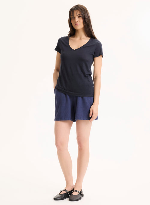 T-shirt Marine Manches Courtes Col V en Lin et Elasthanne - MAJESTIC FILATURES
