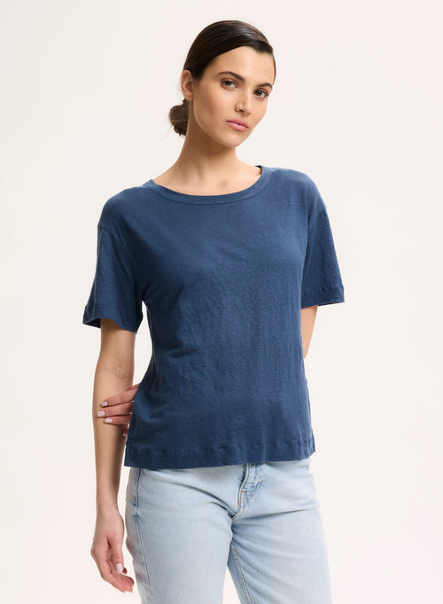 T-shirt Bleu Col Rond Manches Courtes en Lin / Elasthanne - MAJESTIC FILATURES