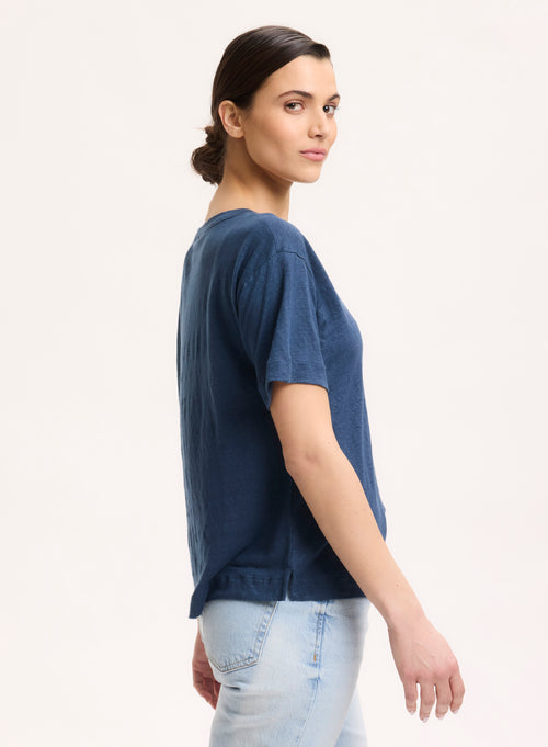 T-shirt Bleu Col Rond Manches Courtes en Lin / Elasthanne - MAJESTIC FILATURES