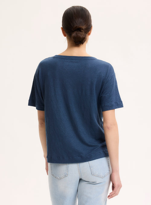 T-shirt Bleu Col Rond Manches Courtes en Lin / Elasthanne - MAJESTIC FILATURES