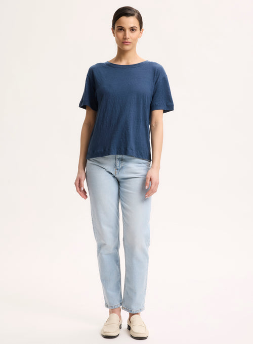 T-shirt Bleu Col Rond Manches Courtes en Lin / Elasthanne - MAJESTIC FILATURES