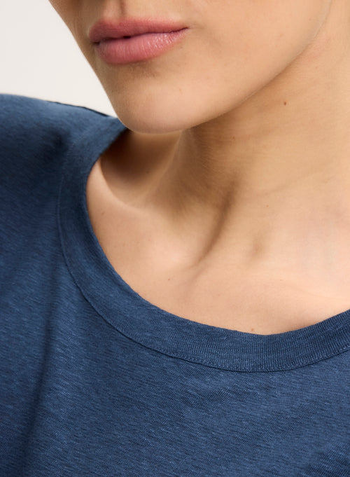 T-shirt Bleu Col Rond Manches Courtes en Lin / Elasthanne - MAJESTIC FILATURES