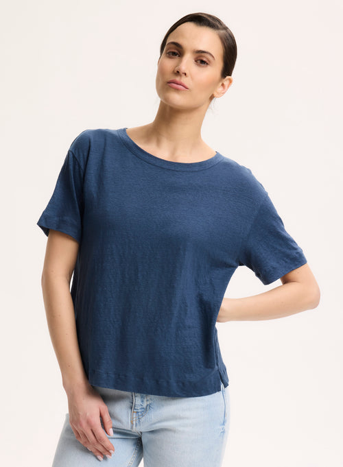 T-shirt Bleu Col Rond Manches Courtes en Lin / Elasthanne - MAJESTIC FILATURES