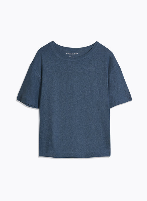 T-shirt Bleu Col Rond Manches Courtes en Lin / Elasthanne - MAJESTIC FILATURES