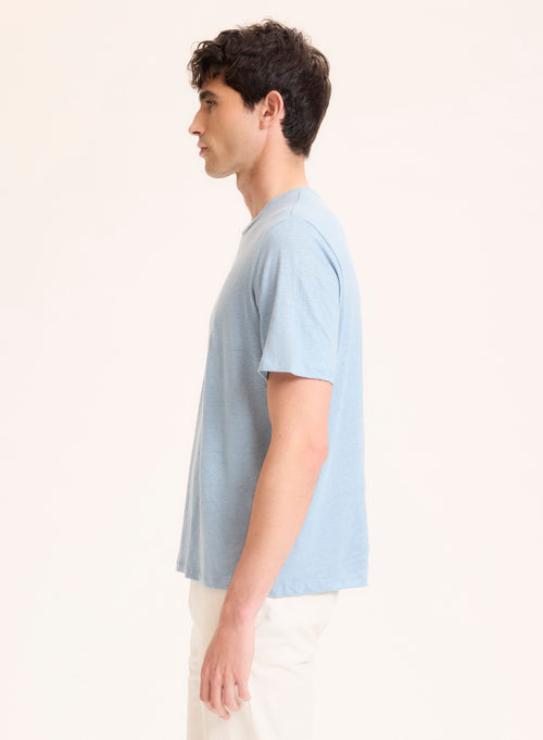 Blaues Kurzarm-T-Shirt mit Rundhalsausschnitt aus Leinen / Elasthan - MAJESTIC FILATURES