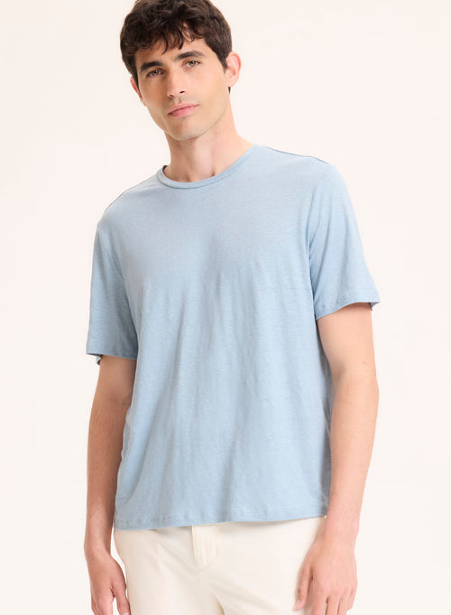 Blaues Kurzarm-T-Shirt mit Rundhalsausschnitt aus Leinen / Elasthan - MAJESTIC FILATURES