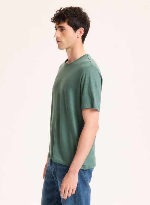 Tee shirt Vert Col Rond Manches Courtes en Lin / Elasthanne - MAJESTIC FILATURES