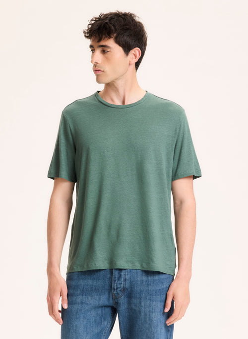 Tee shirt Vert Col Rond Manches Courtes en Lin / Elasthanne - MAJESTIC FILATURES