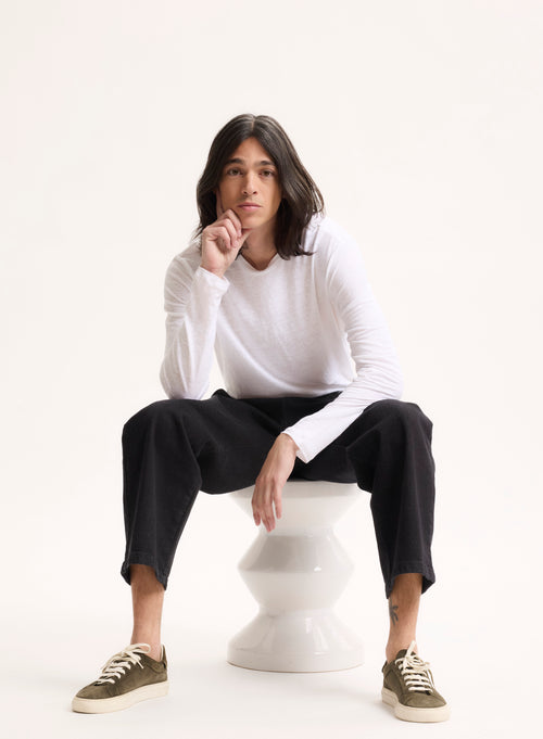 Weißes Langarm-T-Shirt mit Rundhalsausschnitt aus Leinen / Elasthan - MAJESTIC FILATURES