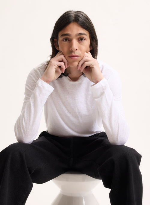 Weißes Langarm-T-Shirt mit Rundhalsausschnitt aus Leinen / Elasthan - MAJESTIC FILATURES