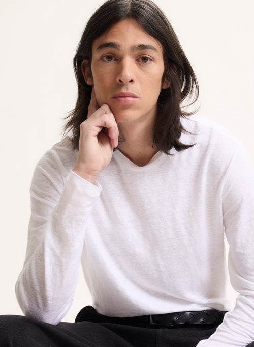 Weißes Langarm-T-Shirt mit Rundhalsausschnitt aus Leinen / Elasthan - MAJESTIC FILATURES