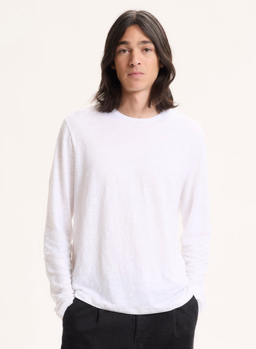 Weißes Langarm-T-Shirt mit Rundhalsausschnitt aus Leinen / Elasthan - MAJESTIC FILATURES