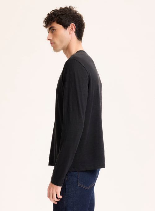Schwarzes langärmeliges T-Shirt aus Leinen / Elasthan mit Rundhalsausschnitt - MAJESTIC FILATURES