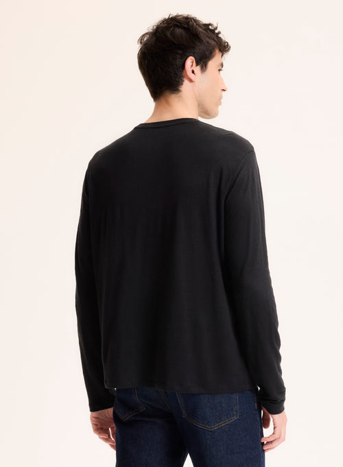 Schwarzes langärmeliges T-Shirt aus Leinen / Elasthan mit Rundhalsausschnitt - MAJESTIC FILATURES