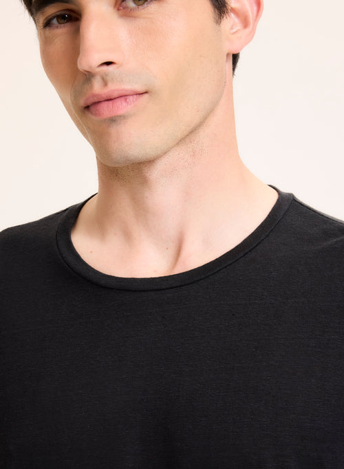 Schwarzes langärmeliges T-Shirt aus Leinen / Elasthan mit Rundhalsausschnitt - MAJESTIC FILATURES