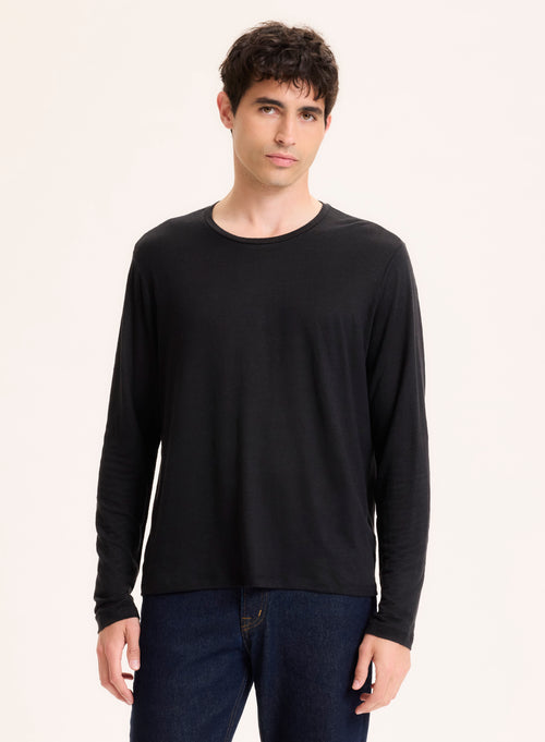 Schwarzes langärmeliges T-Shirt aus Leinen / Elasthan mit Rundhalsausschnitt - MAJESTIC FILATURES