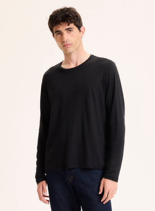 Schwarzes langärmeliges T-Shirt aus Leinen / Elasthan mit Rundhalsausschnitt - MAJESTIC FILATURES