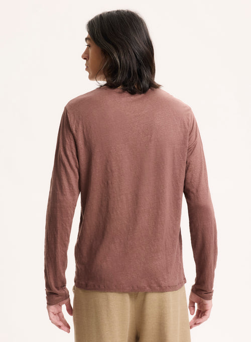 T-shirt Marron Col Rond Manches Longues en Lin / Elasthanne - MAJESTIC FILATURES