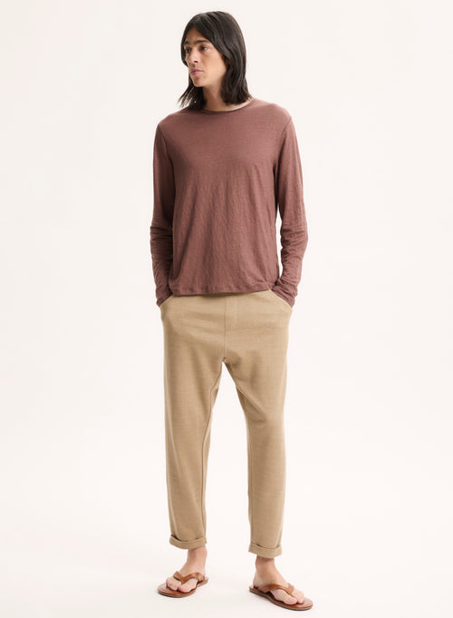 T-shirt Marron Col Rond Manches Longues en Lin / Elasthanne - MAJESTIC FILATURES