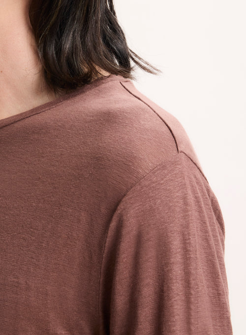 T-shirt Marron Col Rond Manches Longues en Lin / Elasthanne - MAJESTIC FILATURES