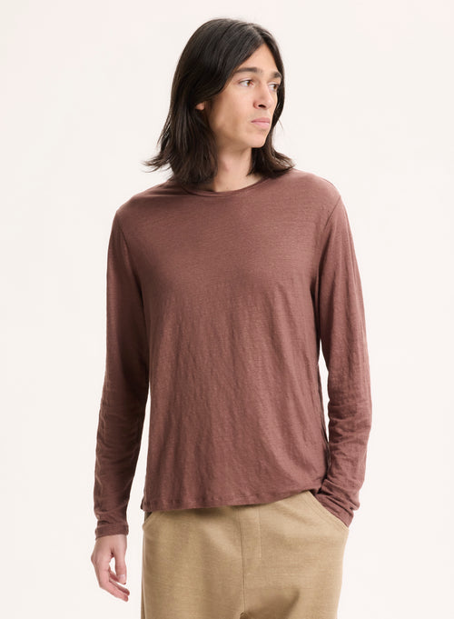 T-shirt Marron Col Rond Manches Longues en Lin / Elasthanne - MAJESTIC FILATURES