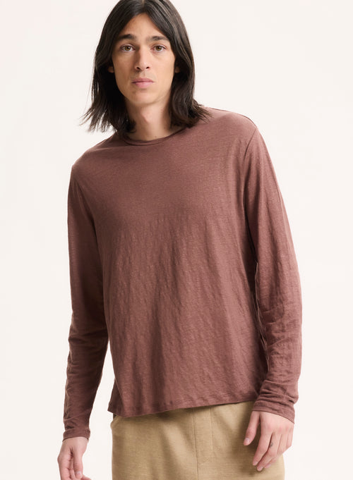 T-shirt Marron Col Rond Manches Longues en Lin / Elasthanne - MAJESTIC FILATURES