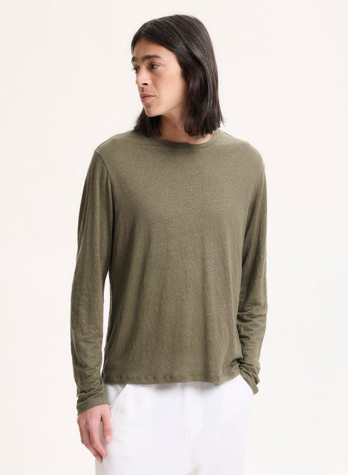 T-shirt Vert Col Rond Manches Longues en Lin / Elasthanne - MAJESTIC FILATURES