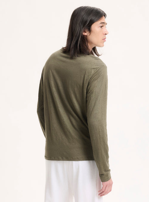 T-shirt Vert Col Rond Manches Longues en Lin / Elasthanne - MAJESTIC FILATURES