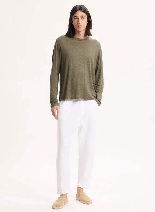 T-shirt Vert Col Rond Manches Longues en Lin / Elasthanne - MAJESTIC FILATURES
