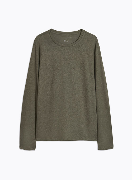T-shirt Vert Col Rond Manches Longues en Lin / Elasthanne - MAJESTIC FILATURES