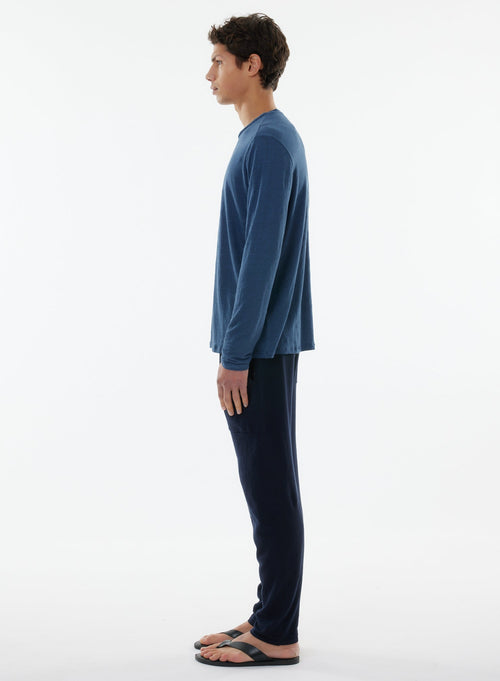 Blaues Langarm-T-Shirt mit Rundhalsausschnitt aus Leinen / Elasthan - MAJESTIC FILATURES