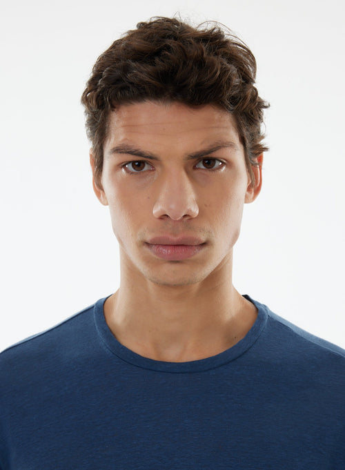 Blaues Langarm-T-Shirt mit Rundhalsausschnitt aus Leinen / Elasthan - MAJESTIC FILATURES