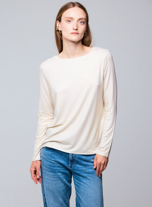 T-shirt Blanc Col Bateau Manches Longues en Viscose et Elasthanne - MAJESTIC FILATURES