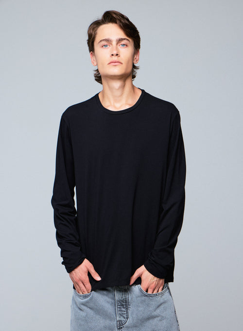 T-shirt Noir Henry Col Rond Manches Longues en Coton organique et Elasthanne - MAJESTIC FILATURES