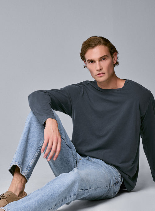 Graues Langarm-T-Shirt mit Rundhalsausschnitt aus Bio-Baumwolle / Elasthan - MAJESTIC FILATURES