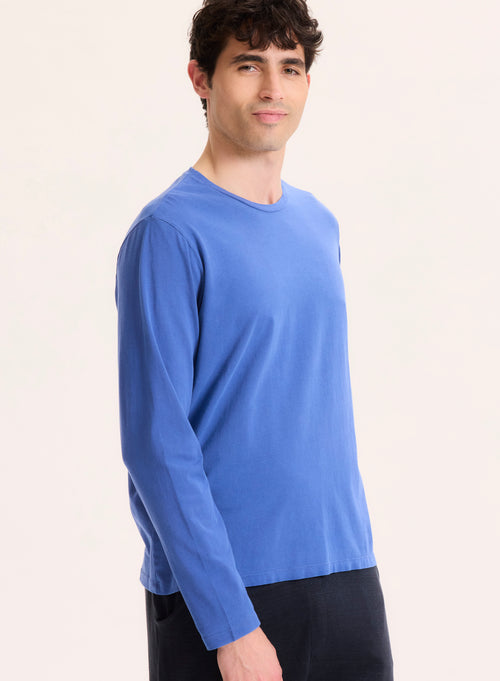 Blaues T-Shirt mit Rundhalsausschnitt und langen Ärmeln aus organischer Baumwolle - MAJESTIC FILATURES