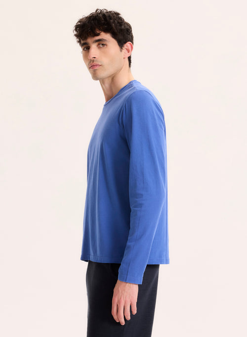 Blaues T-Shirt mit Rundhalsausschnitt und langen Ärmeln aus organischer Baumwolle - MAJESTIC FILATURES