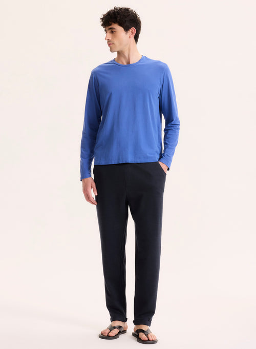 Blaues T-Shirt mit Rundhalsausschnitt und langen Ärmeln aus organischer Baumwolle - MAJESTIC FILATURES