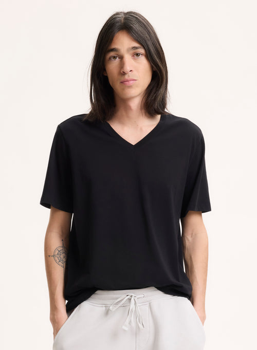 T-shirt Noir Col V Manches Courtes en Coton organique / Elasthanne - MAJESTIC FILATURES